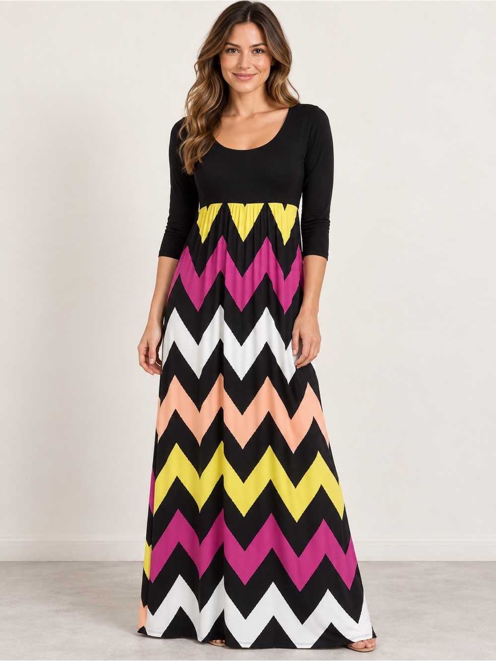 Auditions Black Maxi Dress with Yellow, Pink, Peach & White Chevron